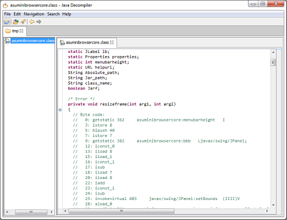 jhojaで逆コンパイル阻止コードを埋め込んだJavaクラスファイルをJD-GUIで逆コンパイルしようとして失敗した画像。