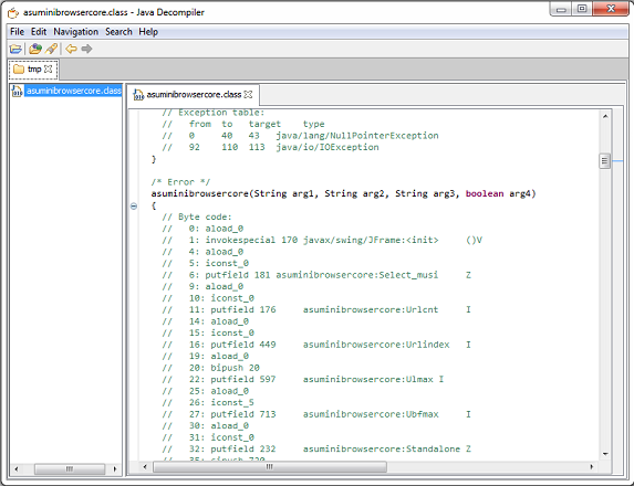 jhojaで逆コンパイル阻止コードを埋め込んだJavaクラスファイルをJD-GUIで逆コンパイルしようとして失敗した画像。